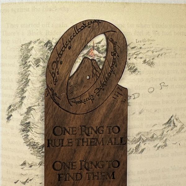 Black walnut bookmark cut in the shape of the One Ring